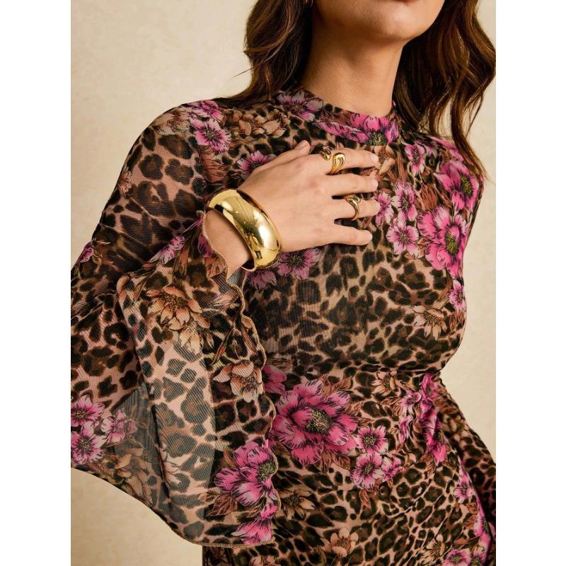 Women S Slim Fit A Line Floral Print Mesh Long Sleeve Dress