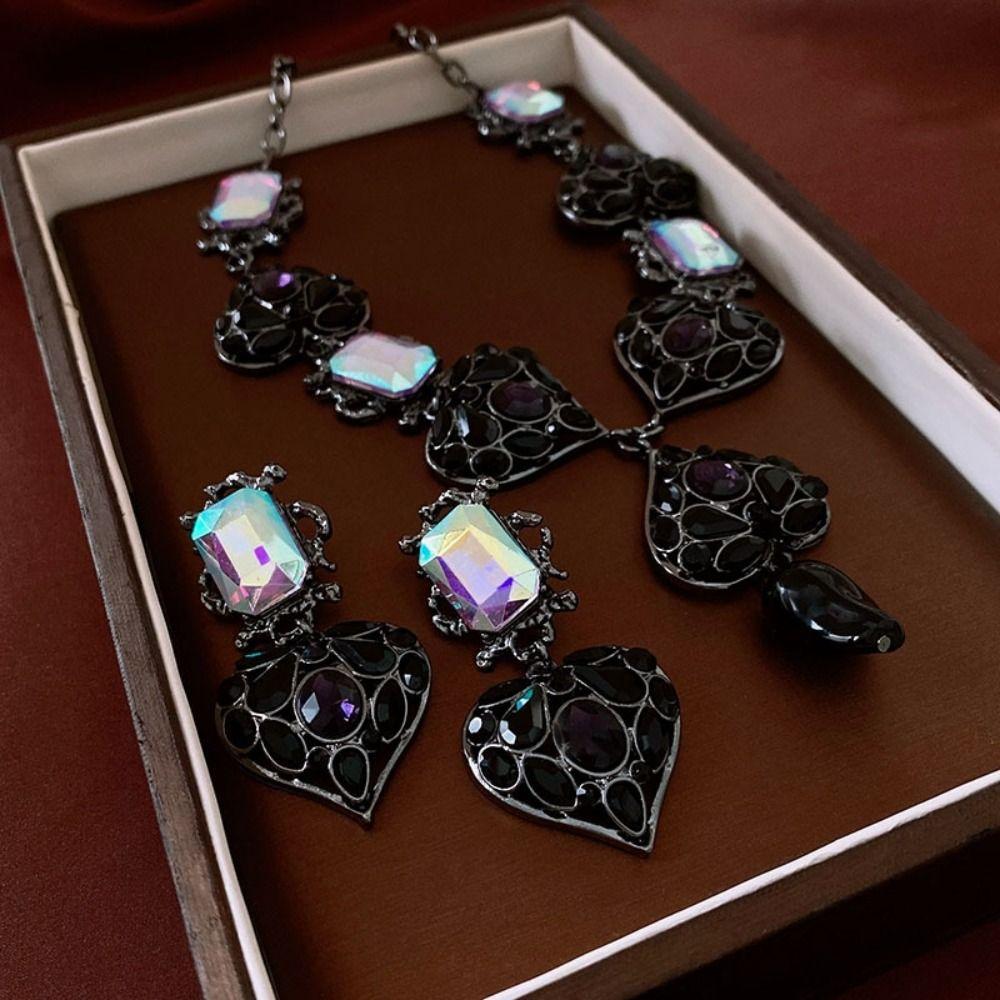 Hollow Out Heart Rhinestone Necklace Crystal Pendant Heart Drop Earrings Necklace Earrings  Party