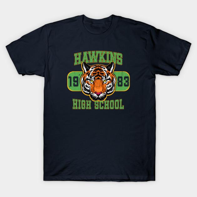 Herren Schwarzes Print-T-Shirt Hawkins High School Go Tigers T-Shirt 1983 Retro 80er Jahre Maskottchen-T-Shirt Aktualisierter No-Cut Transferpapier-Druck Baumwoll-T-Shirt