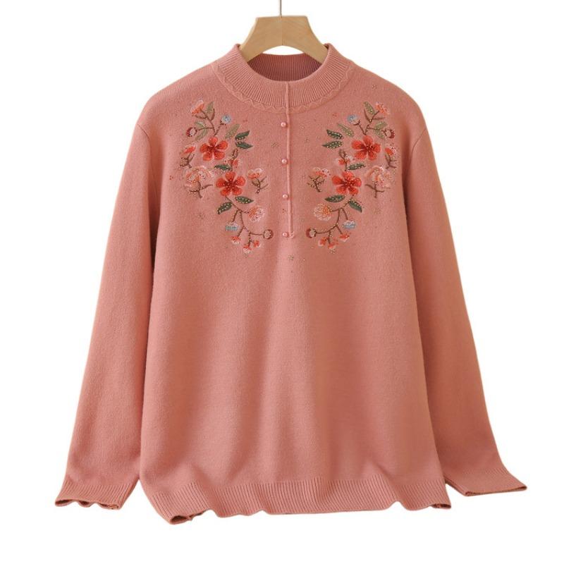 Mom Sweater Autumn and Winter Women's Fashion Embroidered Knitted Sweater Pullover Women's Clothing Fleece Warm Top Year-old Autumn Clothing