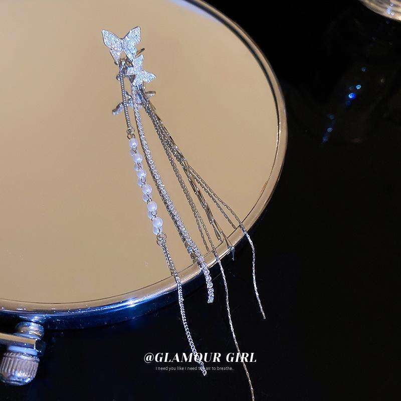 Butterfly Pearl Ear Clips Niche Long Tassel Without Ear Piercings Earbone Clips Earrings Women