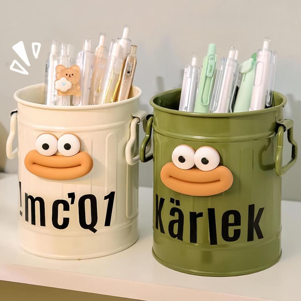 Plastic Pen Holder for Students Desktop Office Large Capacity Cute Cartoon Simple Retro Storage Organizer Bucket