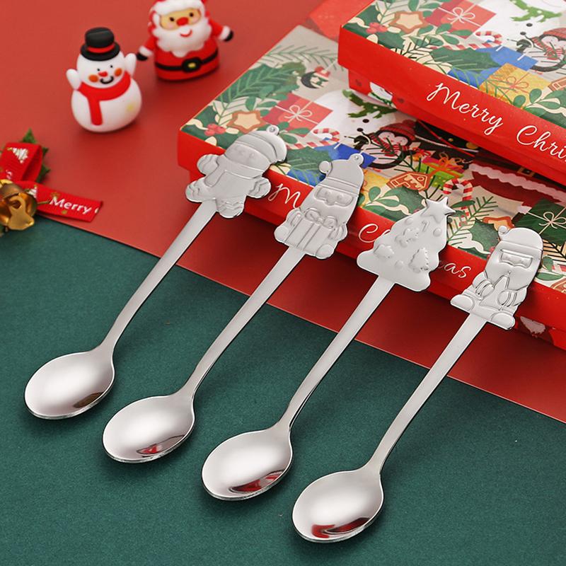 Durable Stainless Steel Christmas Spoon Set 4Pcs Adorable Snowman Santa Tree Handle Flatware for Daily Xmas Dining Use