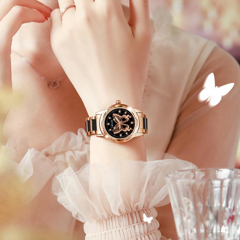 Women Quartz Watch Simulation Ceramic Rhinestone Butterfly Wristwatch