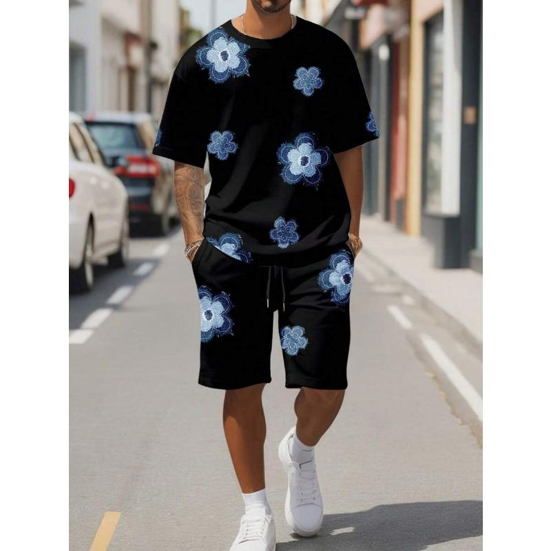 Men's 3D Print 2pcs Tees Sets Summer Tops Short Sleeve Short Pants Crew Neck