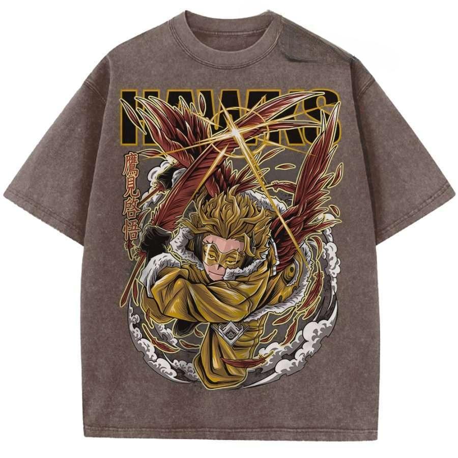 

Takami Keigo Hawks Print T-shirt Anime My Hero Academia Clothing Men Women Cotton Tshirts Retro Washed T Shirt Harajuku Tops S коричневый