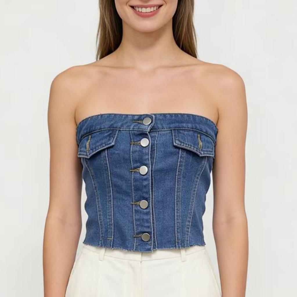 Damen Kurzes Slim Und Sexy Denim Trägerloses Top