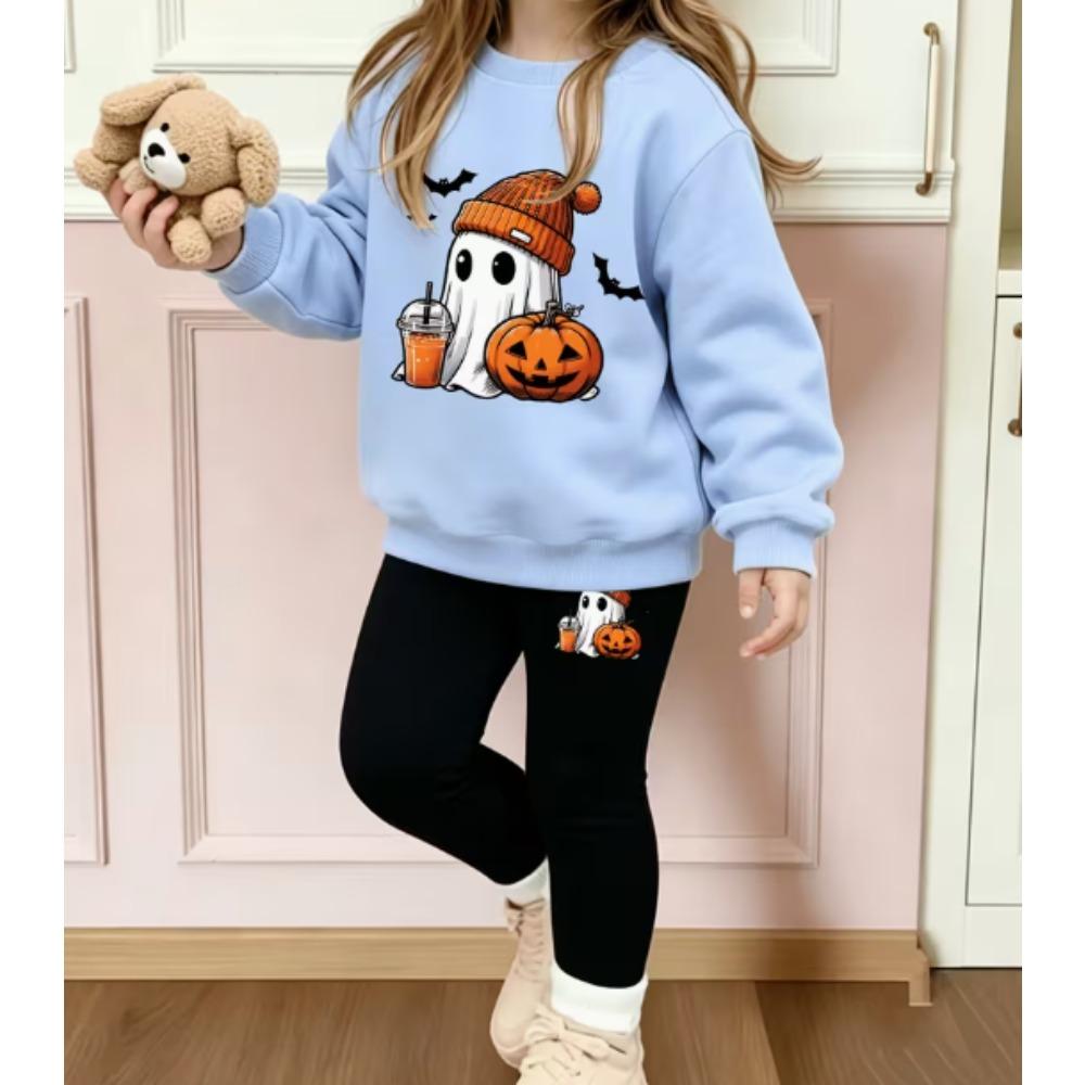Girls' Halloween Ghost Casual Comfortable Soft Loose Pullover Sweatshirt and Leggings 2-Piece Set, New Autumn/Winter, Playful, Sweet and Cool Style
