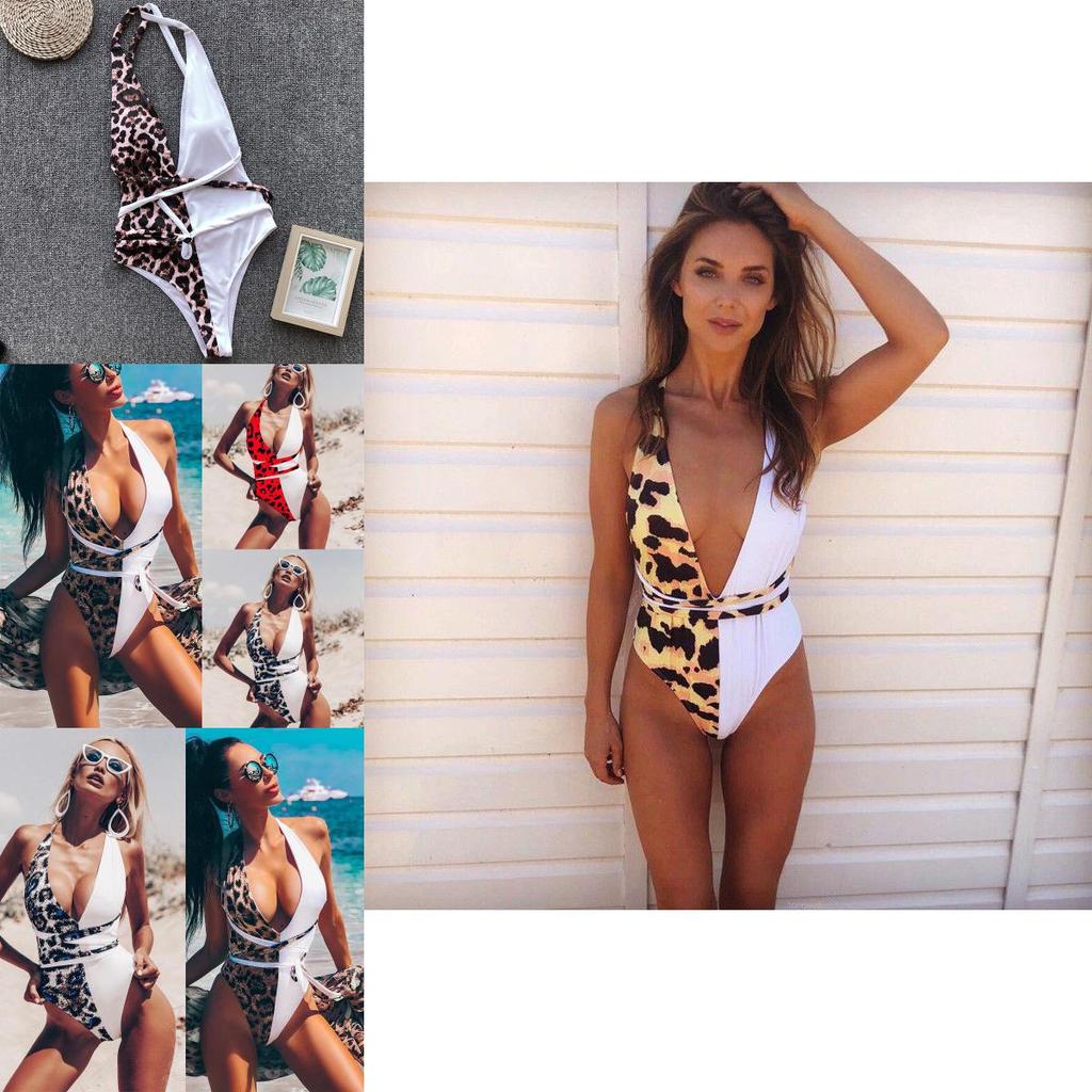 Luxurious Leopard One Piece Bikini Bathing Patchwork Padded Deep V Bandage Halter Swimsuit