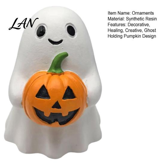 Halloween Desktop Decoration Ghost Pumpkin Ornaments, Resin Smiling Decorations for Home Detailed Statue Office Party Decor, Cute Healing Miniature