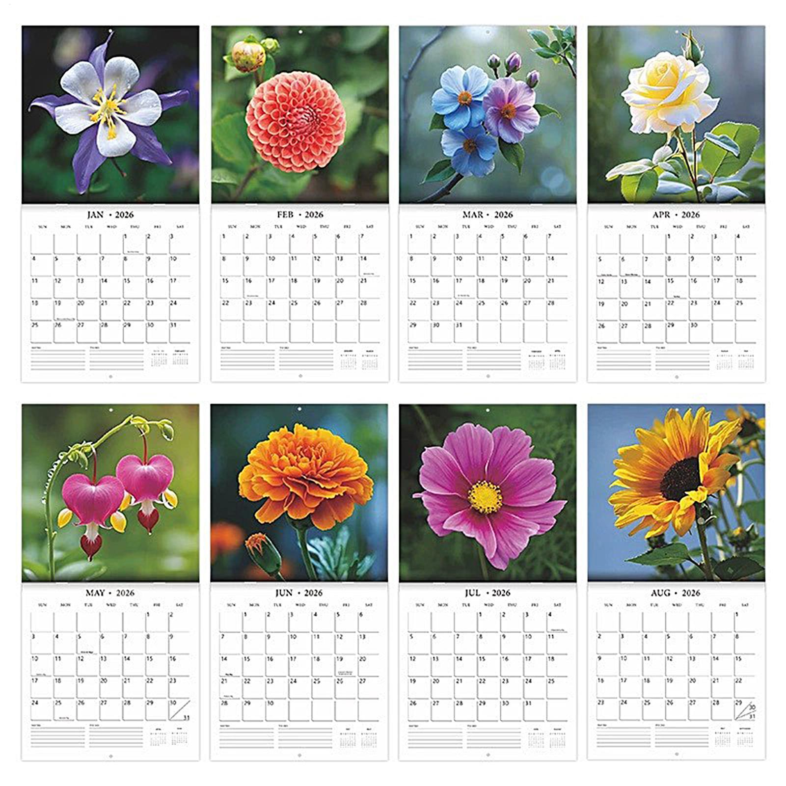 

2026 Flowers Themed Wall Calendar - 12-Month Cute Floral Design for Household Scenes, Durable Paper Material for Office CN