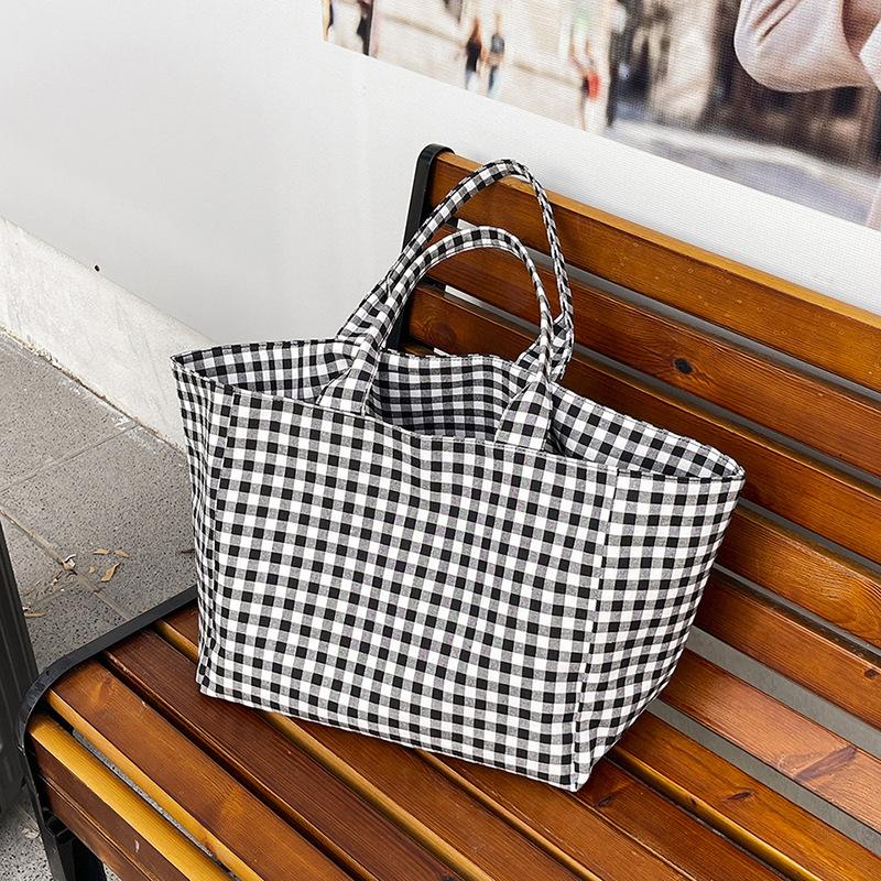 

2025 new black and white plaid canvas bag large-capacity tote bag women s lazy wind bag lightweight shoulder bag large bag чёрный