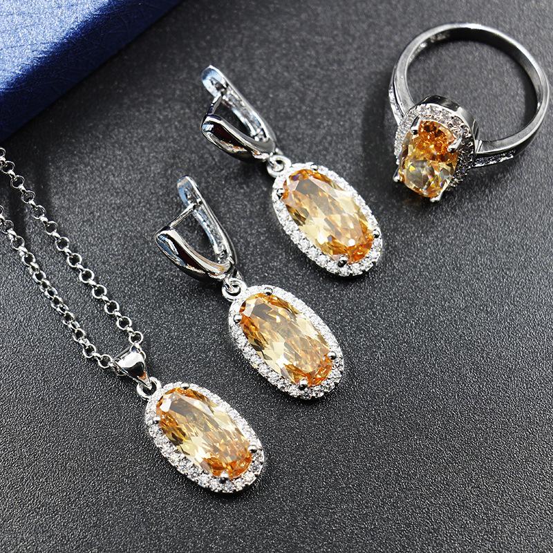 The New Oval Zircon Necklace Earrings and Ring Three Piece Set Is Fashionable and Light Luxury