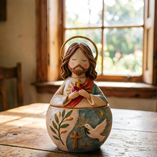 Mini Prayer Figure Jewelry Box Resin Handmade Mary Virgin Jesus Praying Christian Keepsake Box Catholic Gift for Men Women