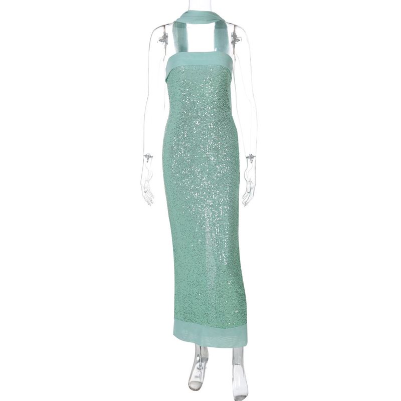 

Amazon Cross-Border European and American New Style Sexy Strapless Solid Color Slim-Fit Long Celebrity-Style Sequin Dress for Women Mint Green S