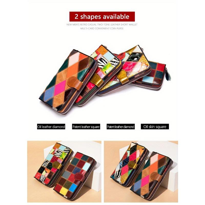 Genuine Leather Bifold Wallet, Vintage Colorblock Coin Purse, Retro Patch Work Credit Card Holder