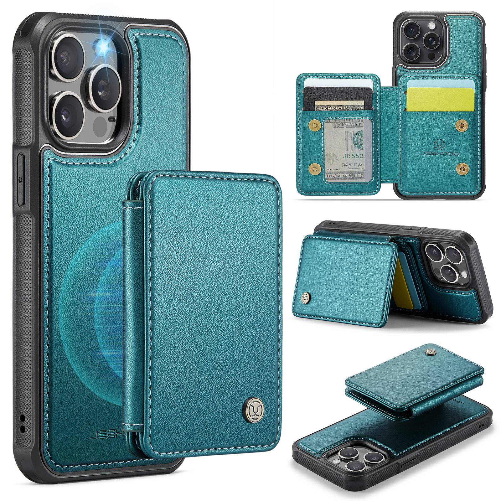 

For iPhone 14 Pro Max Case Leather Mobile Cover with Detachable Magnetic Card Bag Cyan