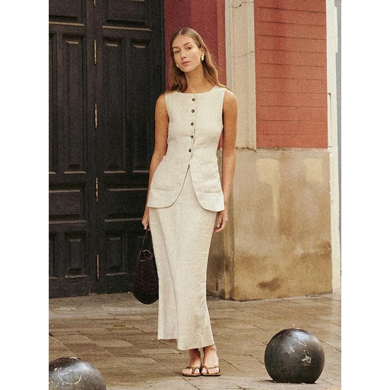 Bornladies Women s Sleeveless Vest High Waisted Skirt Set Spring Summer Casual Suit Fashion Office Lady Vest Set S бежевый