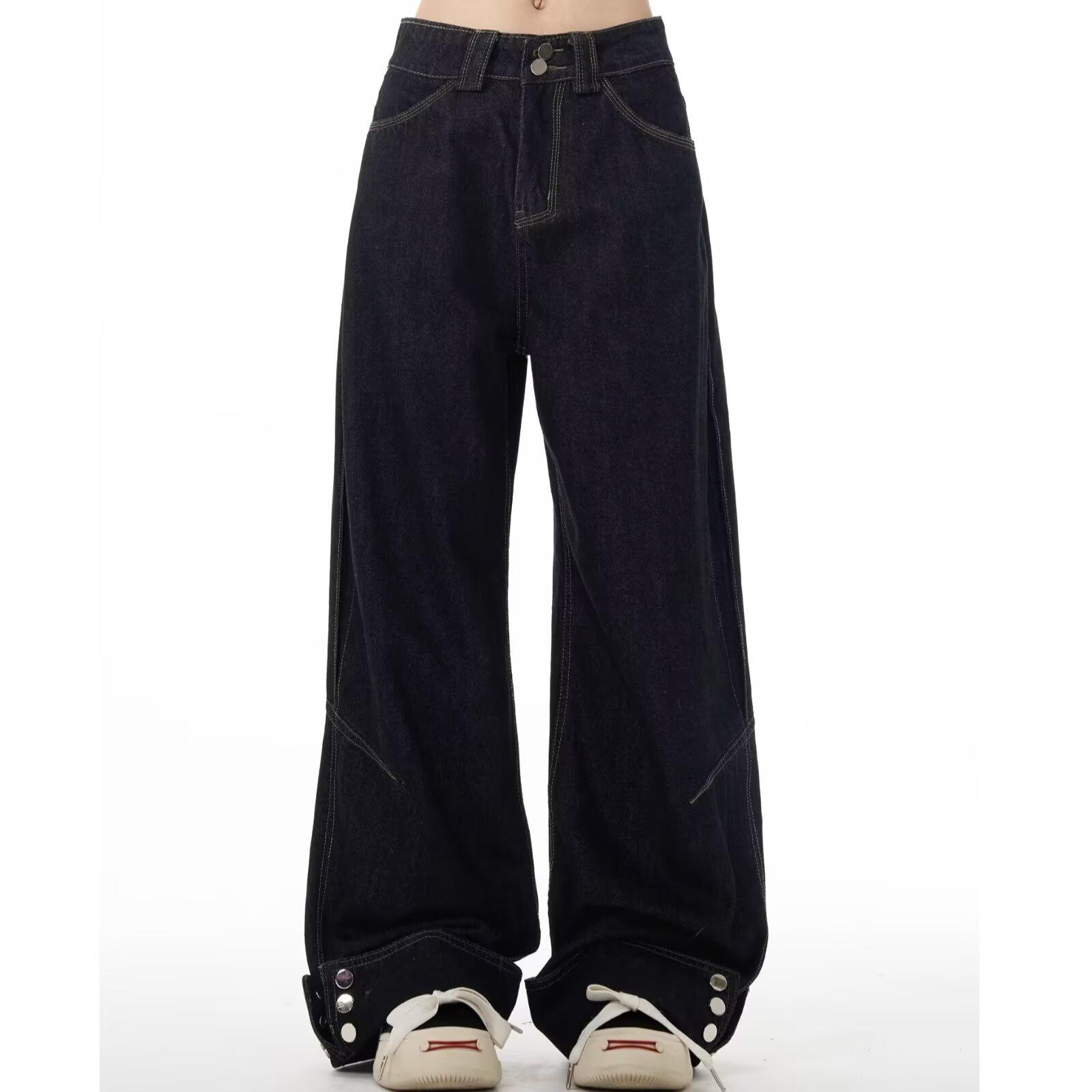 

Женские ретро черные джинсы с широкими штанинами на пуговицах Large чёрный