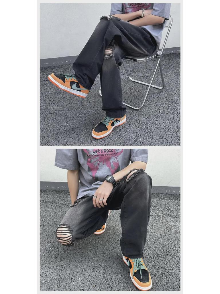 Men's Summer Korean Straight Casual Pants - Retro American Style Ripped Jeans
