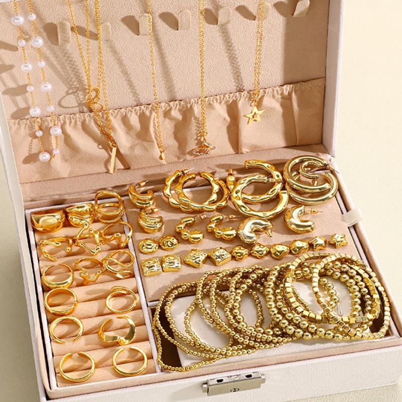 Elegant Vintage Jewelry Set for Women Gold Color Necklaces Earrings Irregular Rings Bead Bracelet Daily Wear Jewelry Gift No Box