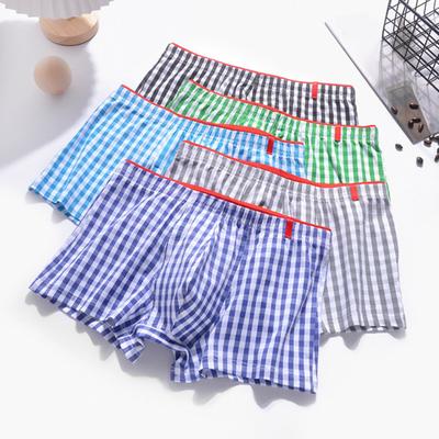 Men Boxer Underwear Mid-rise Elastic Waistband Plaid Print Shorts Briefs U-Convex Breathable Panties Daily Wear