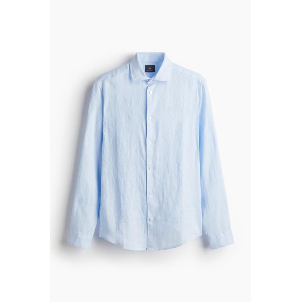 

HM Slim fit льняная рубашка светло-синего цвета