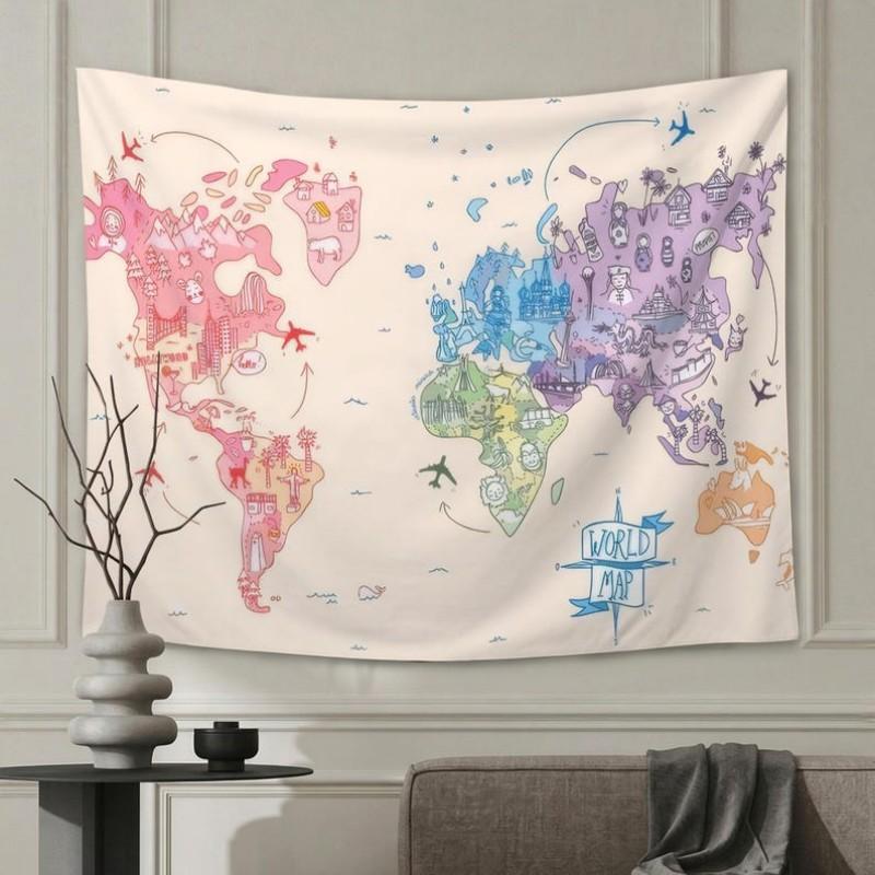 Watercolor World Map Tapestry Polyester Fiber Living Room Education Travel Decoration Wall Hanging Room Decoration
