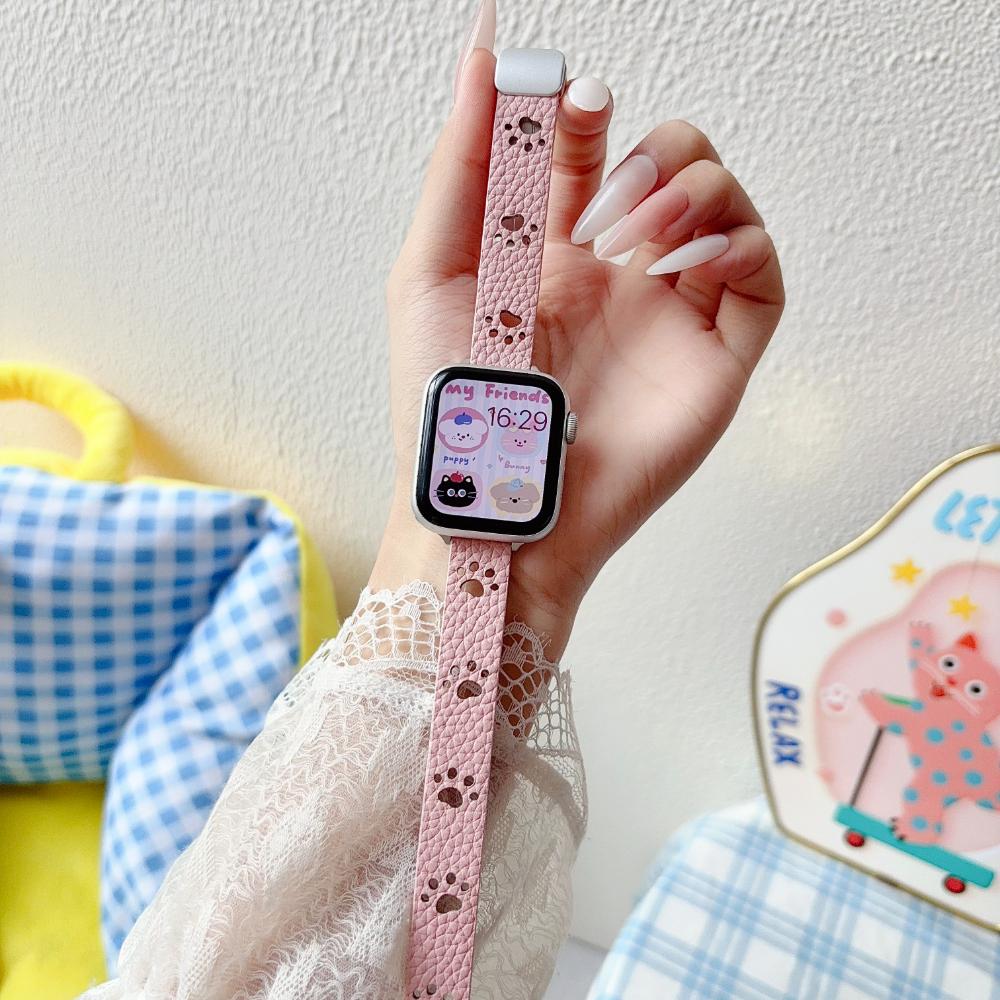 Hollow Cat Paw Leather Band for Apple Watch  s11/10/9/8/7/6/SE/Ultra,  Soft Strap Easy Swap, Fits38/40/41/42/44/45/46/49mm 42mm(S10/S11）38/40/41mm розовый