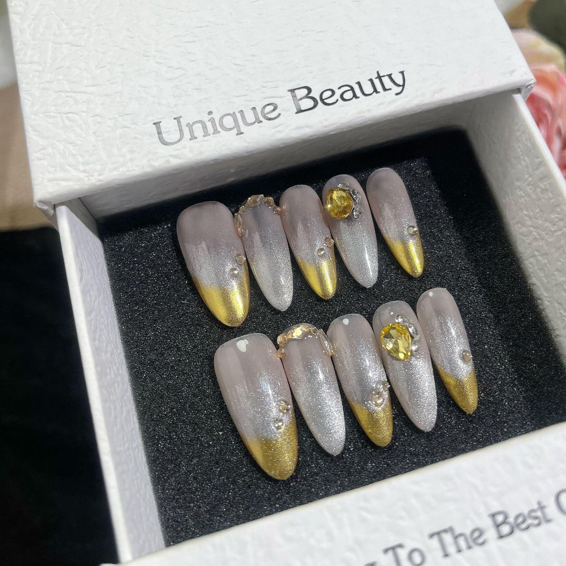 

Носимые ногти в стиле ретро «Золотая пшеница» с неровными ромбами - Роскошный легкий осенне-зимний маникюрный набор Extra Small