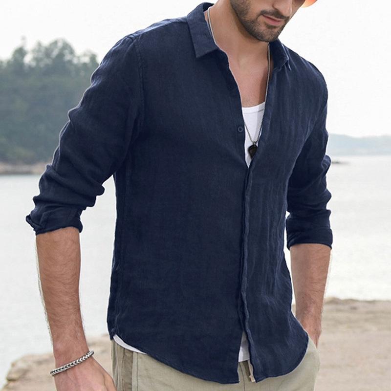Men's Solid Color Casual Long-Sleeve Cotton-Linen Shirt