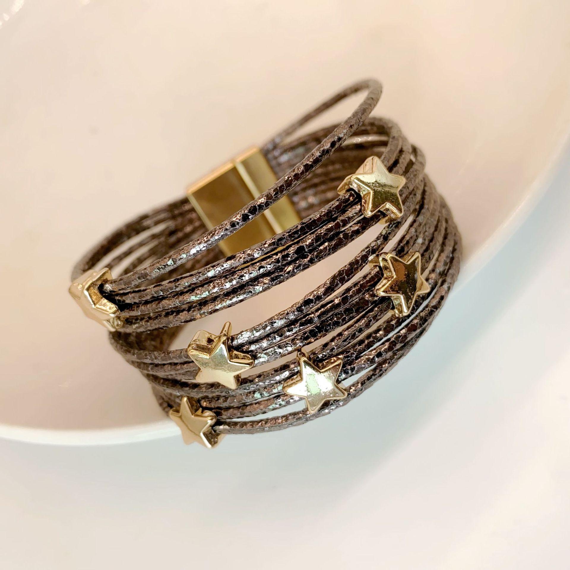 

Продающий браслет звезда из искусственной кожи с пентаграммой, многослойный браслет с магнитной пряжкой, женский модный браслет