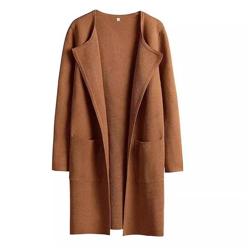 Woolen Coat Women's Flip Collar Large Pocket Long Sleeved Cardigan Solid Color Coat Warm and Loose Casual Top Commute New Fashion Autumn