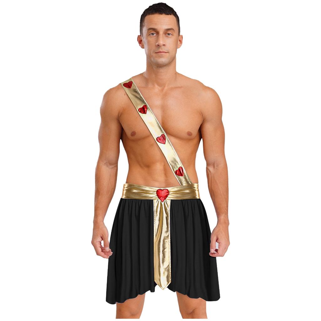 Mens Love God Costume Elastic Waist Contrast Color Heart Design Asymmetrical Skirt Metallic Sash Cuffs Set