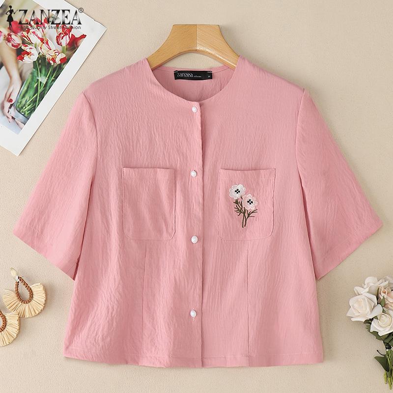 ZANZEA Women Floral Embroidery Casual Round Neck Short Sleeve Blouse
