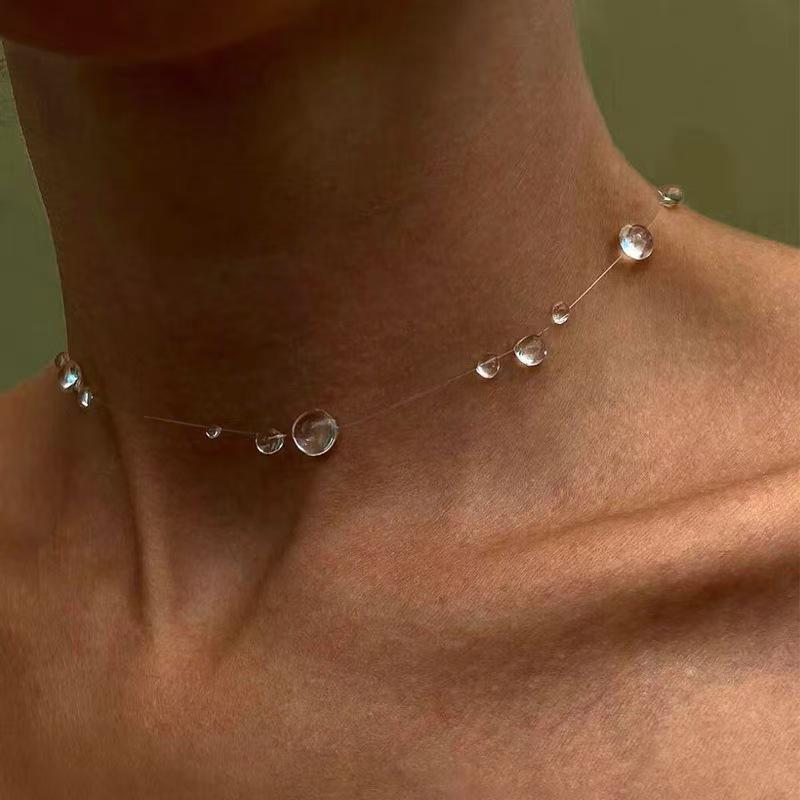 Colar de Linha de Pesca Invisível de Vidro Gota d'Água da Moda Transfronteiriço para Mulheres - Simples, Moderno, Empilhável Corrente de Clavícula Multicamadas