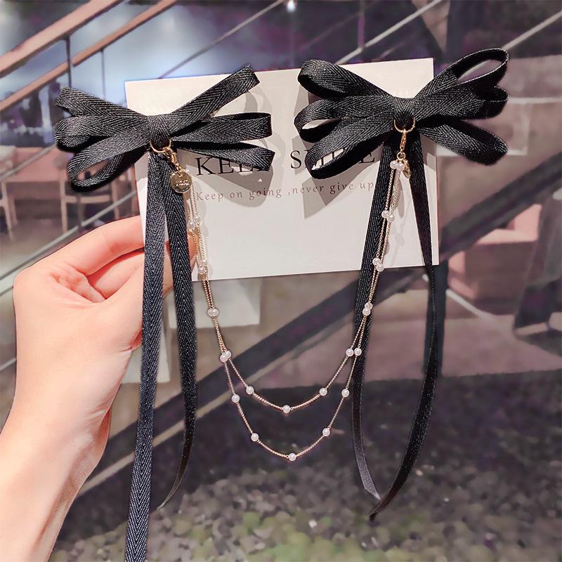 1 Pcs Bowknot Pearl Chain Bar Hairpin for Women's Rhinestone Spring Hairpin Ribbon Headband Ponytail Hair Ornament YSX