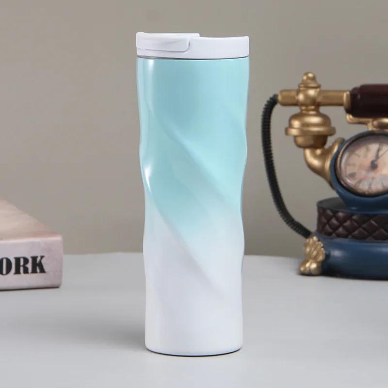 500ml Twisted Swirl 304 Stainless Steel Travel Tumbler, Double Wall Vacuum Insulated Coffee Mug with Flip Lid