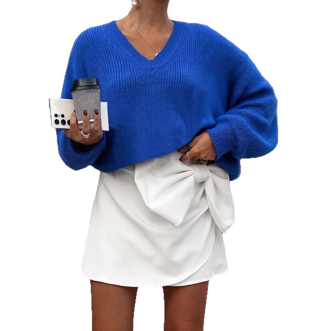 Women s Elegant V-Neck Knitted Lantern Sleeve Sweater - Casual, Loose-Fit Pullover for Autumn & Winter Medium