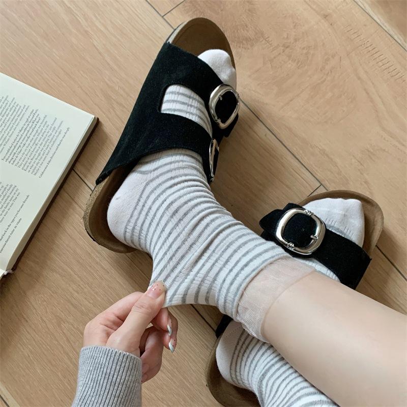 

Женские весенне-летние тонкие носки-гольфы в рубчик с кружевной отделкой 1 pair белый/серый