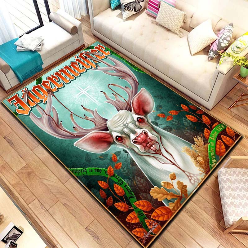 J Jagermeister Deer Logo Flannel Printed Area Rug Non Slip Washable Floor Mat Living Room Bedroom Sofa Decor Indoor Doormat Gift