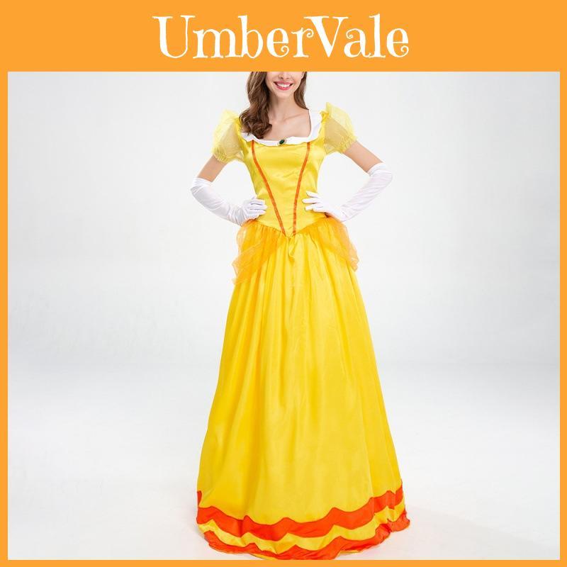 Elegante Vestito Costume da Principessa Daisy con Guanti e Copricapo per Divertimento di Halloween