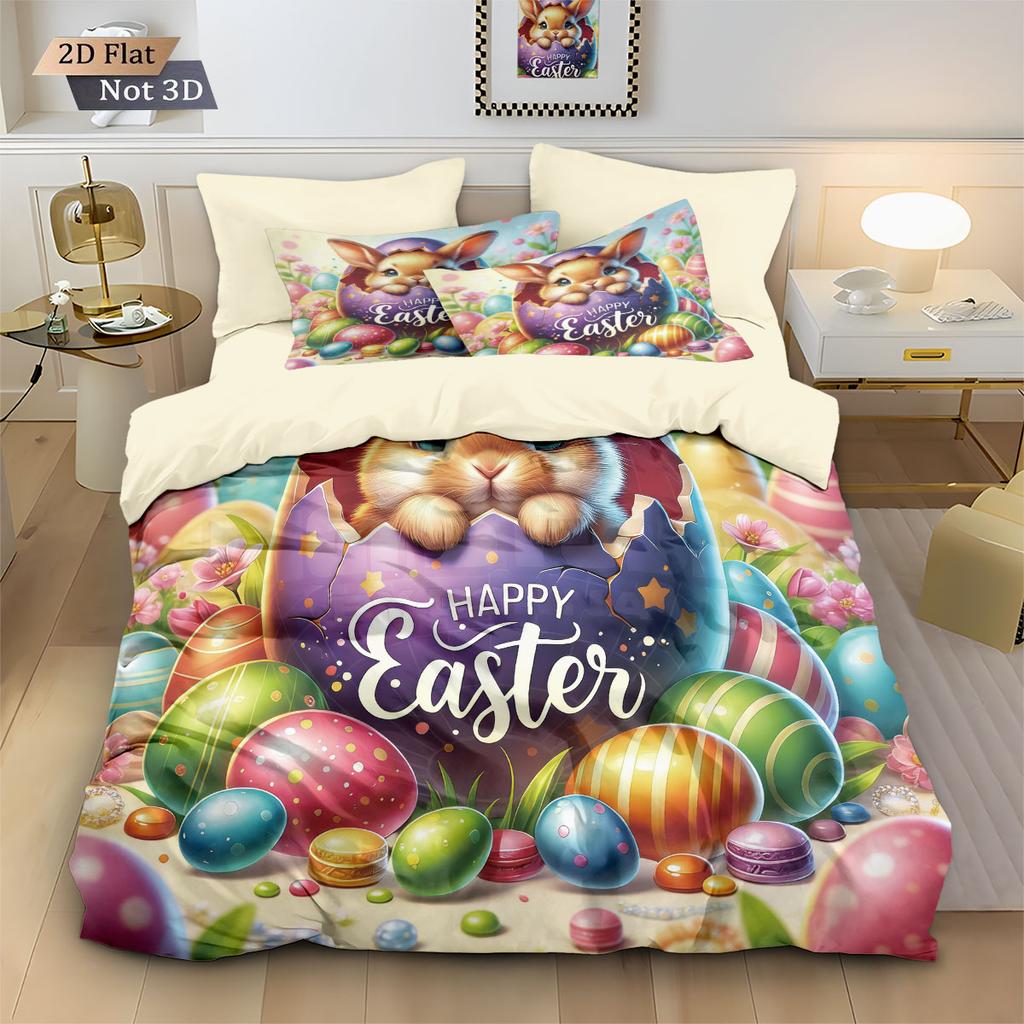 3pcs Easter Cute Rabbit Easter Egg Printed Core Free Down Duvet Cover Set Multi Size Bedding Decoration Machine Washable