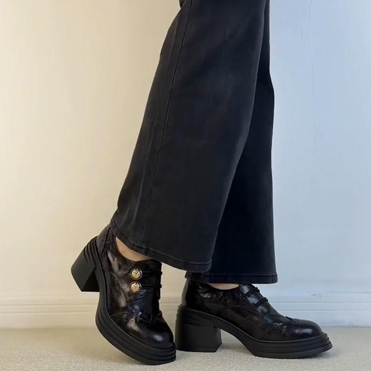 Sheepskin Version~ British Style Brock Small Leather Shoes Women's Waterproof Table High-heeled Leather Single Shoes Button Thick-heeled Loafers