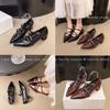 Fashion Summer 2025 Women's Wine Red Patent Leather Cat Heel Sandals Buckle Pointed Toe Thin Heel Single Shoes High Heels Casual Footwea