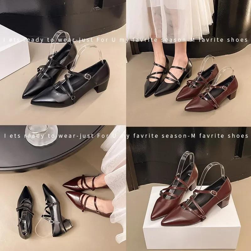 Fashion Summer 2025 Women's Wine Red Patent Leather Cat Heel Sandals Buckle Pointed Toe Thin Heel Single Shoes High Heels Casual Footwea