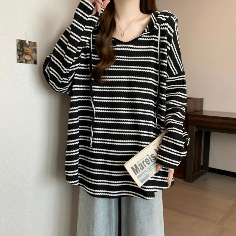 Spring and Autumn Large Size Fat M Loose and Simple Versatile Striped Hooded Pullover Long Sleeve Shirt Age Reduction Top