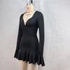 Women's Autumn and Winter Solid Color Low Neck Sexy Long Sleeve Ruffle Dresses