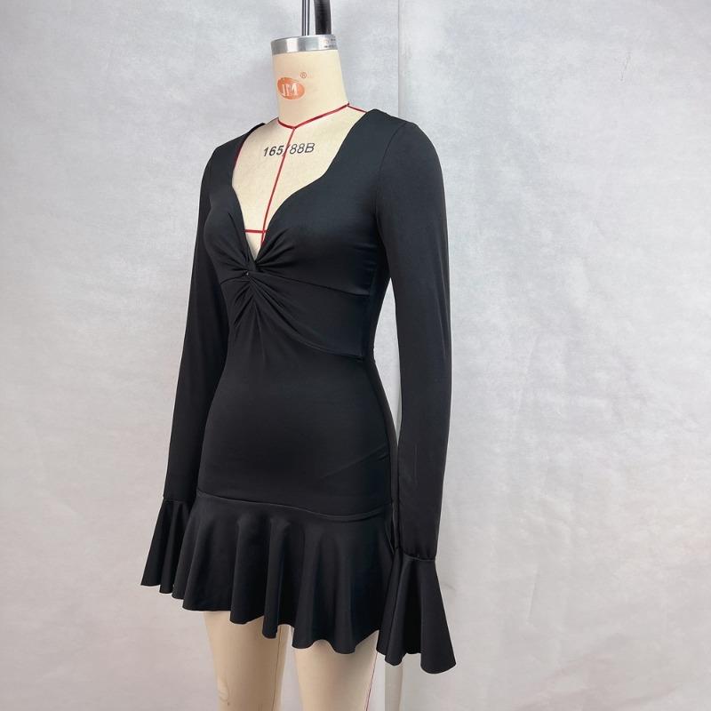 Women's Autumn and Winter Solid Color Low Neck Sexy Long Sleeve Ruffle Dresses