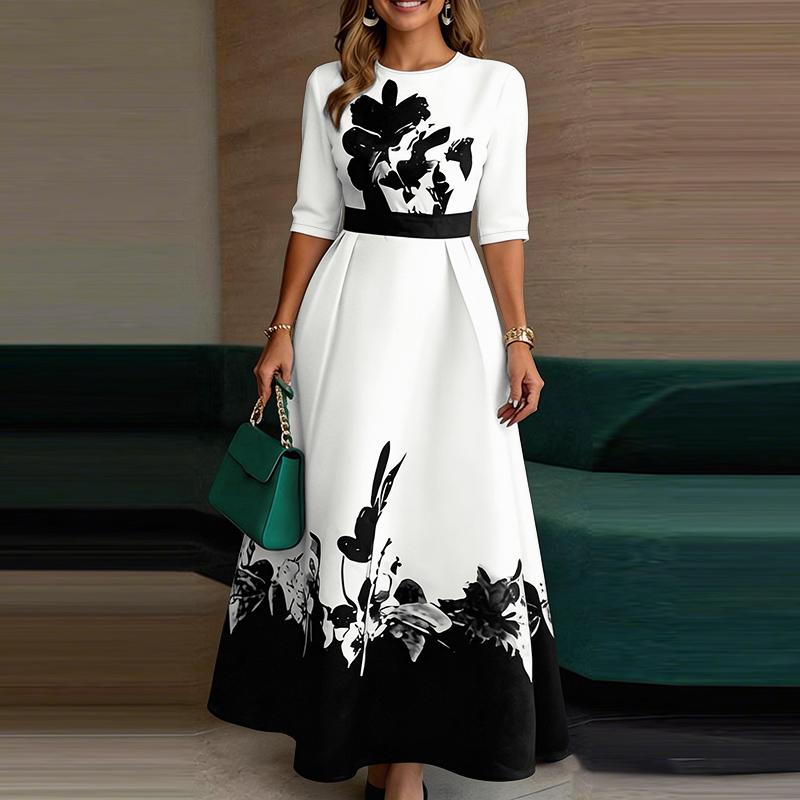 ZANZEA Women Casual Round Neck Loose Short Sleeve Print Long Dress S